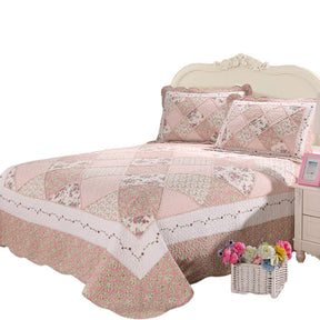 Pink Quilt Set Queen Size Floral Patchwork Quilted Bedspread for All Season