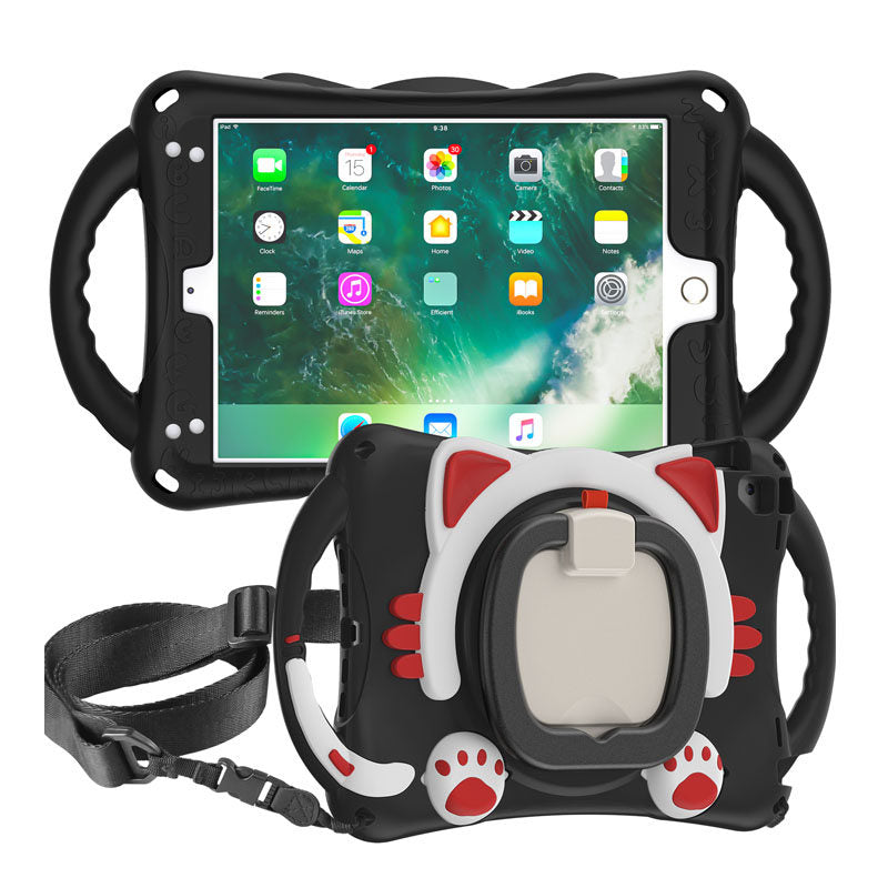CatB Silicone Case For iPad Pro 9.7 inch Air1/2 Shockproof Shoulder Strap Handle Stand-Black Red