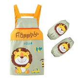 Children Cartoon Waterproof Apron with Sleeve Covers for Painting Cooking-Green lion