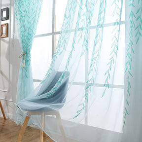 2 Panels Leaves Embroidered Sheer Rod Pocket Drapes For Living Room-Blue