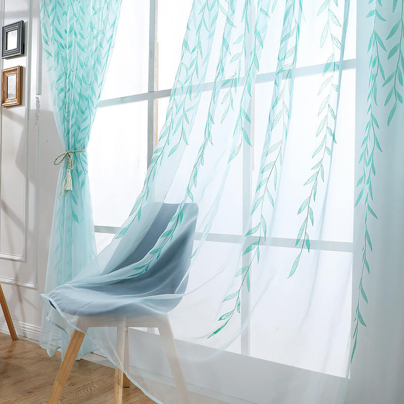 2 Panels Leaves Embroidered Sheer Rod Pocket Drapes For Living Room-Blue