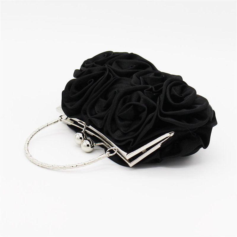 Roses Clutch Purse Satin Money Clip Evening Handbag-Black
