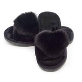 Womens Fuzzy Slippers Open Toe Cozy Memory Foam Sandals-Love Black