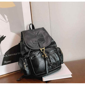 Teenager Leather Backpack Wallet Travel Drawstring Backpack-Black