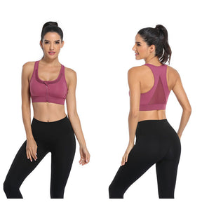 Sports Bra Front Zipper Wide Shoulder Straps Shockproof Yoga Vest -Red