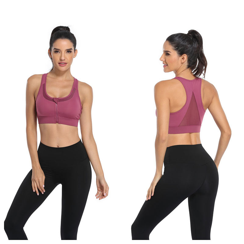 Sports Bra Front Zipper Wide Shoulder Straps Shockproof Yoga Vest -Red