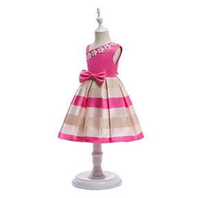 3-9T Girls Kids Single Shoulder Striped Floral Ruffles Flower Dress Ball Gown-Rose Red