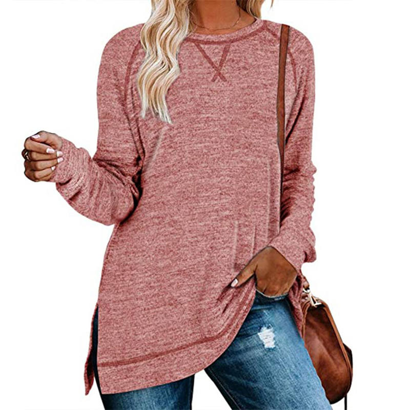 Womens Fall Crewneck Tunic Tops Loose Long Sleeve-Skin Red