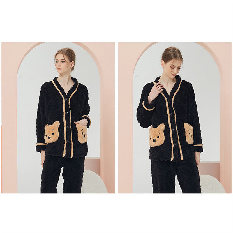Womens V Neck Buttons Cardigan Pajamas Set-Yellow Bear