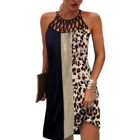 Womens Printed Mesh Belt Sleeveless Summer Casual Dress-Leopard