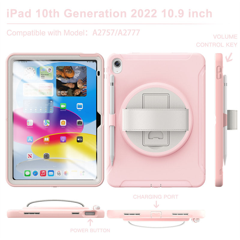 Tablet Case For iPad 10th with 360¡ã Kickstand/Hand Strap Shockproof-Pink
