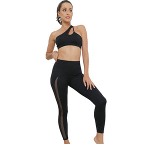 Womens Gym Workout 2 Piece Set Yoga Vest High Waisted Mesh Hip Lift Trousers-Black