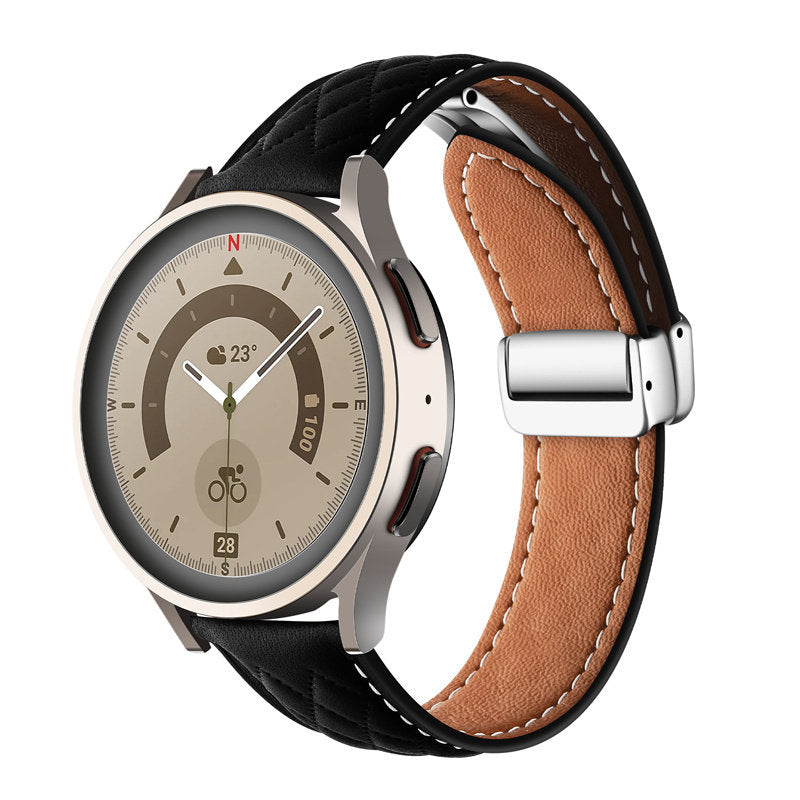 22mm Classic Leather Band Silver Folding Buckle for Samsung Huawei Watch-Black