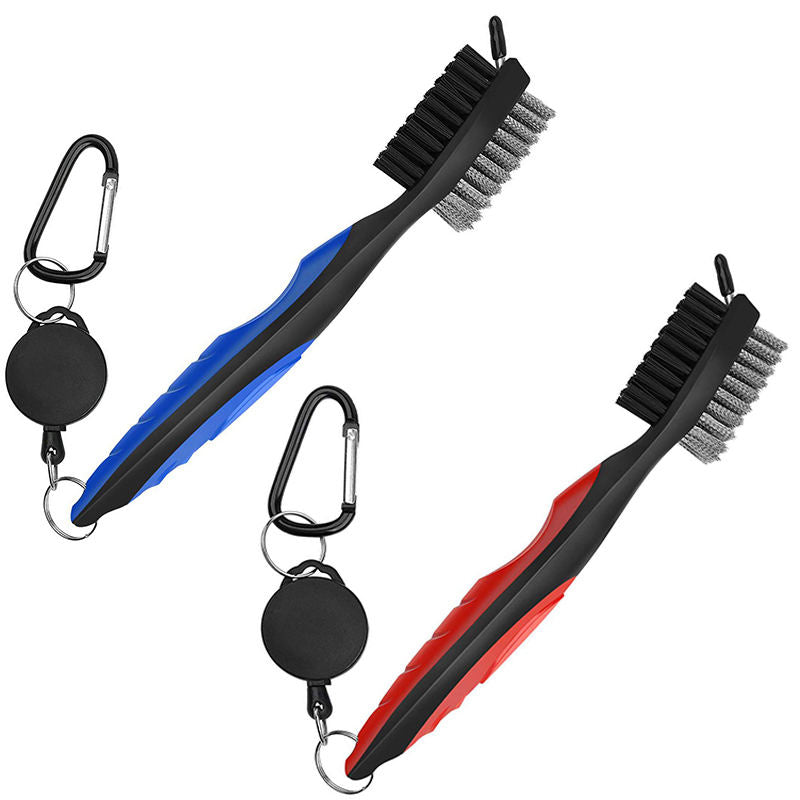 2Pcs Golf Club Brush Groove Cleaner with Retractable Zip-line Carabiner-Red Blue