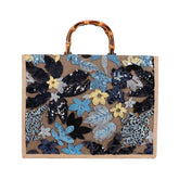 Handbag Bamboo Tote Sequin Straw Woven Bag for Womens-Navy Blue
