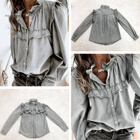 Doll Collar Denim Shirt for Women Long Sleeve Casual Ruffle Blouse