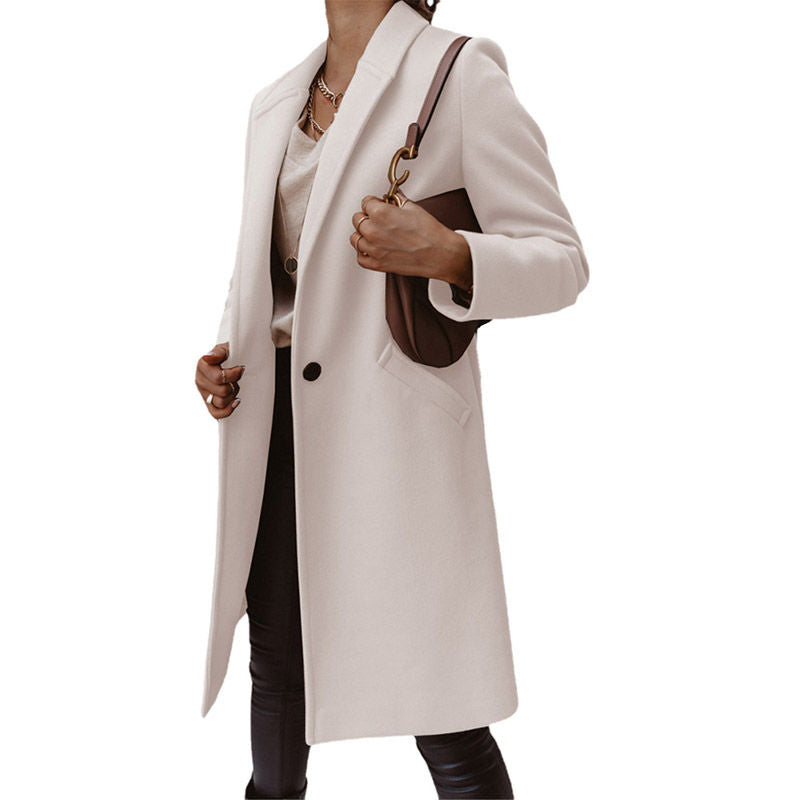 Elegant Womens Coat Lapel Solid Button Down Warm Long Outwear-White