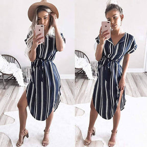 Womens Sexy Dresses Summer Casual V-Neck Printing Pattern Belted Slim Dress-Blue Strips