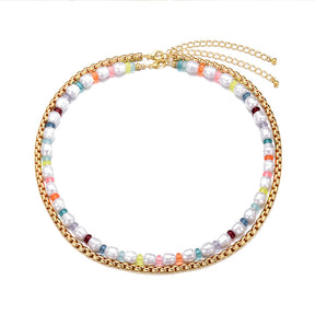 Women Layered Pearl Choker Boho Beaded Necklace