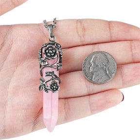 Antique Silver Flower Wrapped Crystal Necklace-Pink