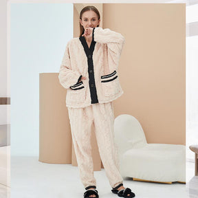 Women's Fleece Fashion Cardigan Pajama Set-Beige