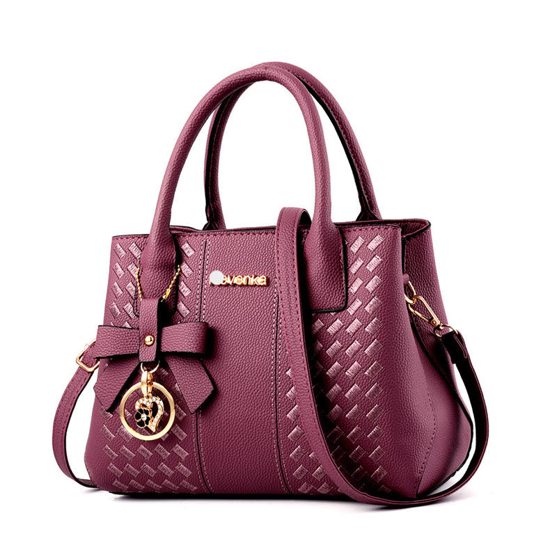 Fashion Womens PU Leather Embroidered Handbags Shoulder Tote Bags-Purple