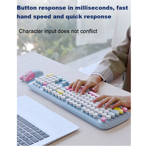 Wireless Keyboard and Mouse Combo Cute Cat Colorful Round Keys for Computer-White