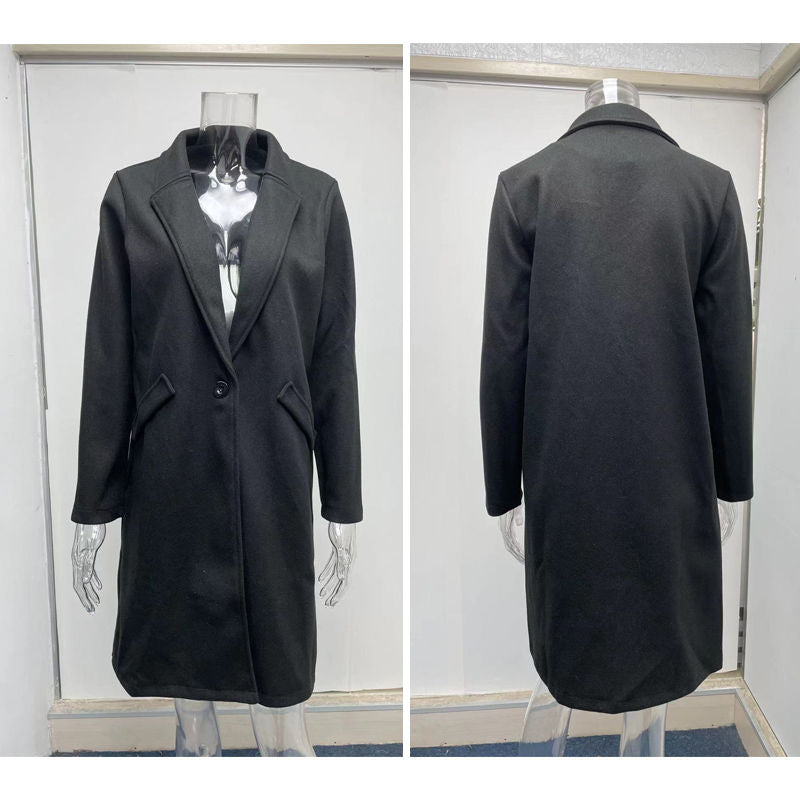 Elegant Womens Coat Lapel Solid Button Down Warm Long Outwear-Black