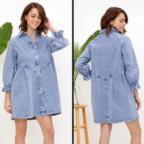 Denim Shirt Dress for Fall Lantern Sleeve Vintage Loose Babydoll-LightBlue