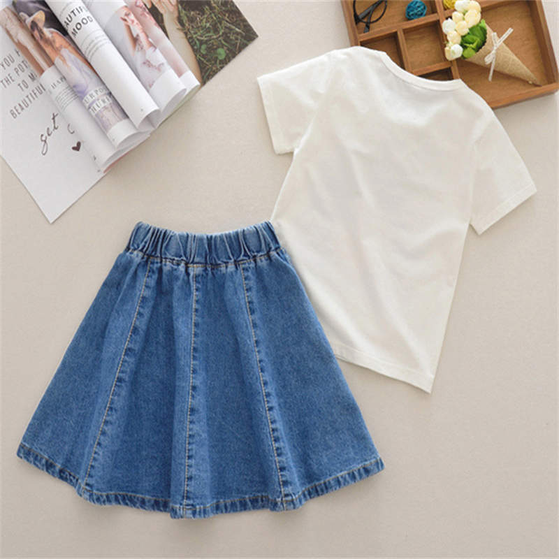 Girls Skater Skirt Denim Solid Color Skirt with Lace Hem-Blue