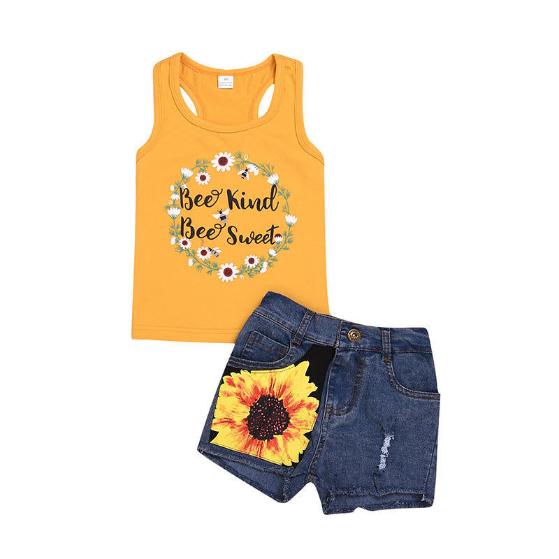 2Pcs Baby Girl Sunflower Outfits Sleeveless Tank Top and Denim Shorts Summer Clothes-Yellow