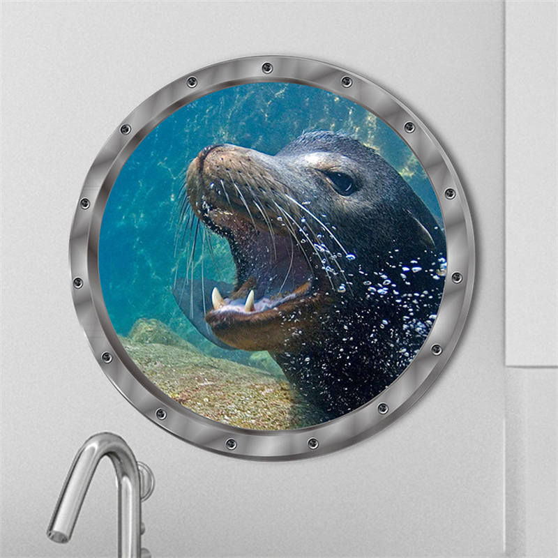 Removable 3D Under The Sea Nature Scenery Decor Submarine Window Sea Lions Wall Sticker