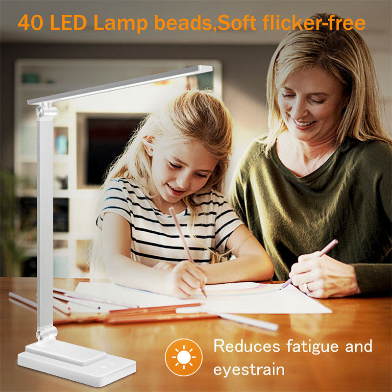 LED Desk Lamp Smart Reading Lamp with USB Charging Port 5 Lighting Modes-White