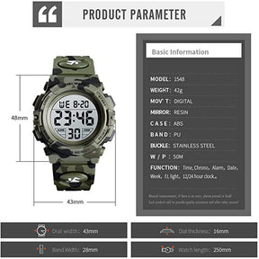 Kids Digital Watch Outdoor Sports 50M Waterproof Colorful LED Lights Electronic Watches-ArmyGreen