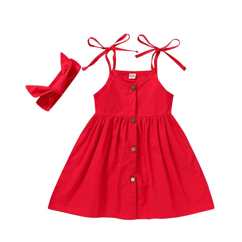 Toddler Baby Girls Summer Strap Button Dress Princess Sundress With Headband-Red