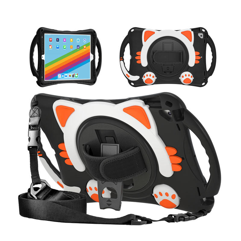 CatA iPad Silicone Case For iPad 10.2 Air10.5 Pro10.5 Built-in Handle Stand With a Strap-Black Orange