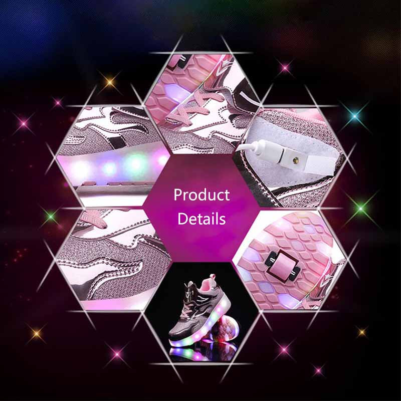 Kids LED Roller Skates Fashion Sneakers with Double Wheel-E67-Pink