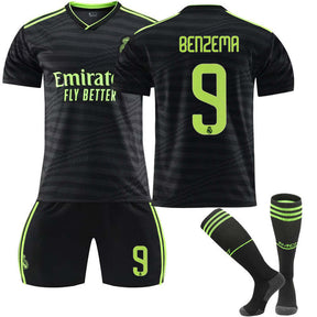 Real Madrid Second Away Jersey 2022-23 BENZEMA #9 Soccer Jersey Kids Adult 3-Pieces Jersey Kits