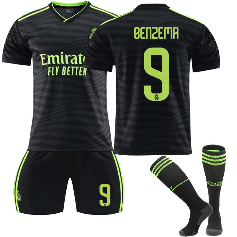 Real Madrid Second Away Jersey 2022-23 BENZEMA #9 Soccer Jersey Kids Adult 3-Pieces Jersey Kits