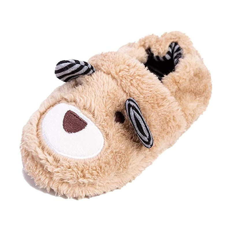 Toddler Boys Girls Slippers Cute Cartoon Bear Plush Warm Home Shoes-Beige