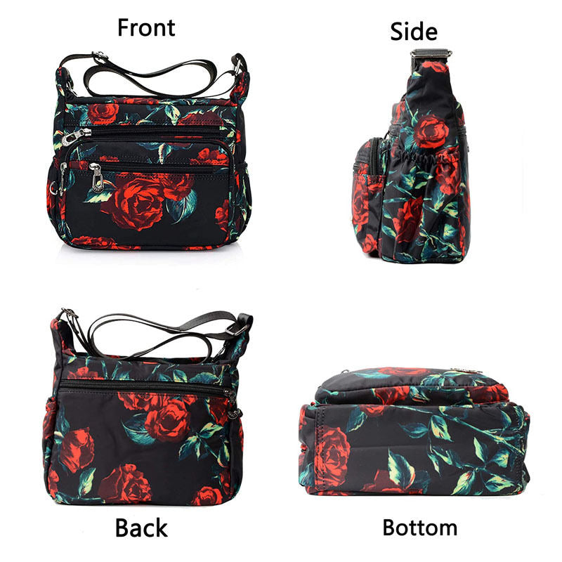 Women Nylon Floral Crossbody Bag Multi Pocket Shoulder Bag-Rose Flower