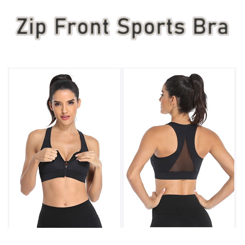 Sports Bra Front Zipper Wide Shoulder Straps Shockproof Yoga Vest -Black