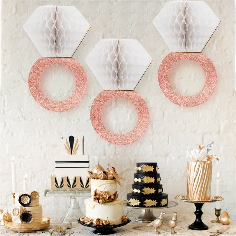 3 Pcs Honeycomb Ring Hanging Decorations Glitter Gold Diamond Ring,Perfect for Engagement Wedding Party And Bridal Shower