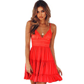 Womens V Neck Spaghetti Strap Backless Lace Beach Dress-Red