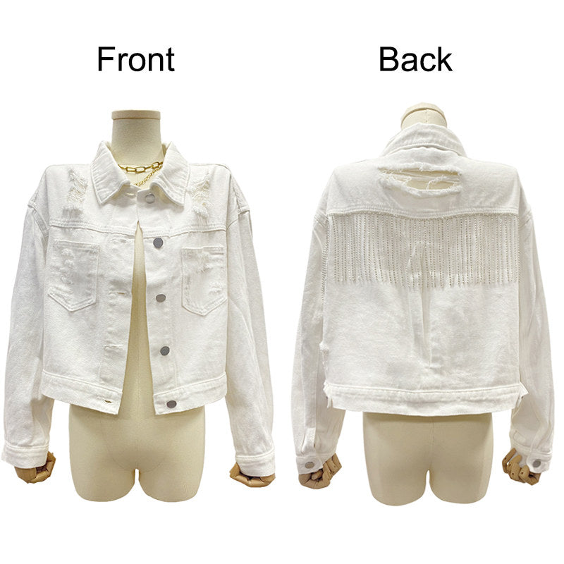 Womens Denim Jacket with Fringe Rhinestones Crop Casual Coat-White