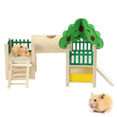 Hamster Wooden Playground Hideout with Tube Fences Ladders-Green