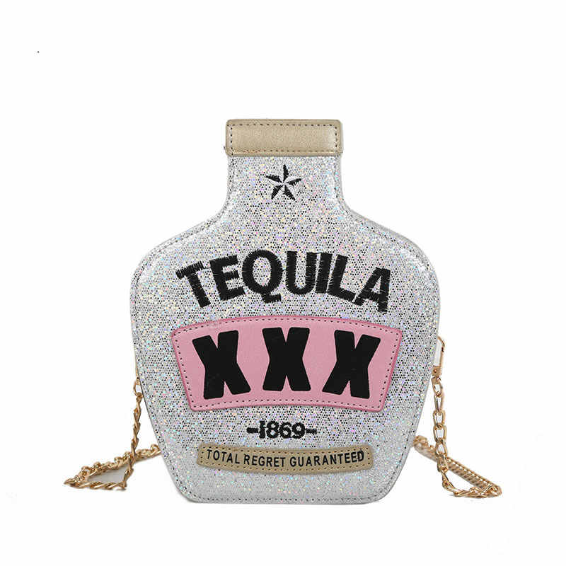 Tequila Bottle Shaped Laser Shoulder Handbags PU Crossbody Purse for Women-SequinSilver
