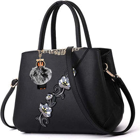 Embroidered Women Top Handle Satchel Fashion Shoulder Bags with Hairball-Black