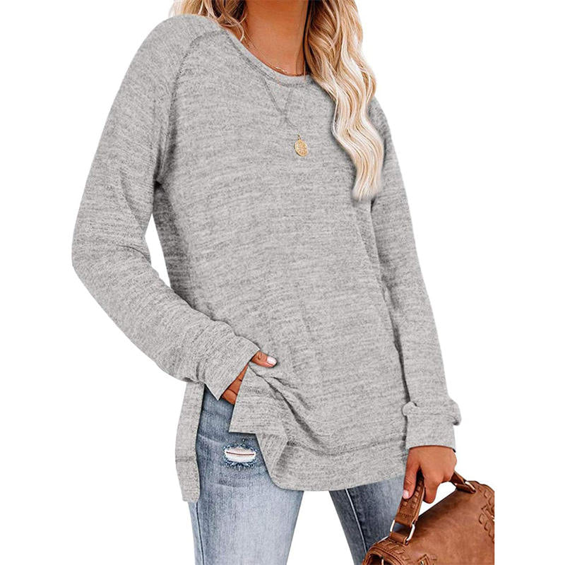 Womens Fall Crewneck Tunic Tops Loose Long Sleeve-Light Grey