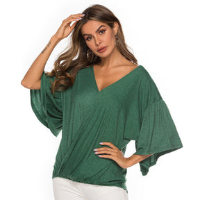 Womens Summer Ruffle Sleeve V-Neck T-Shirt Knot Tops-Green